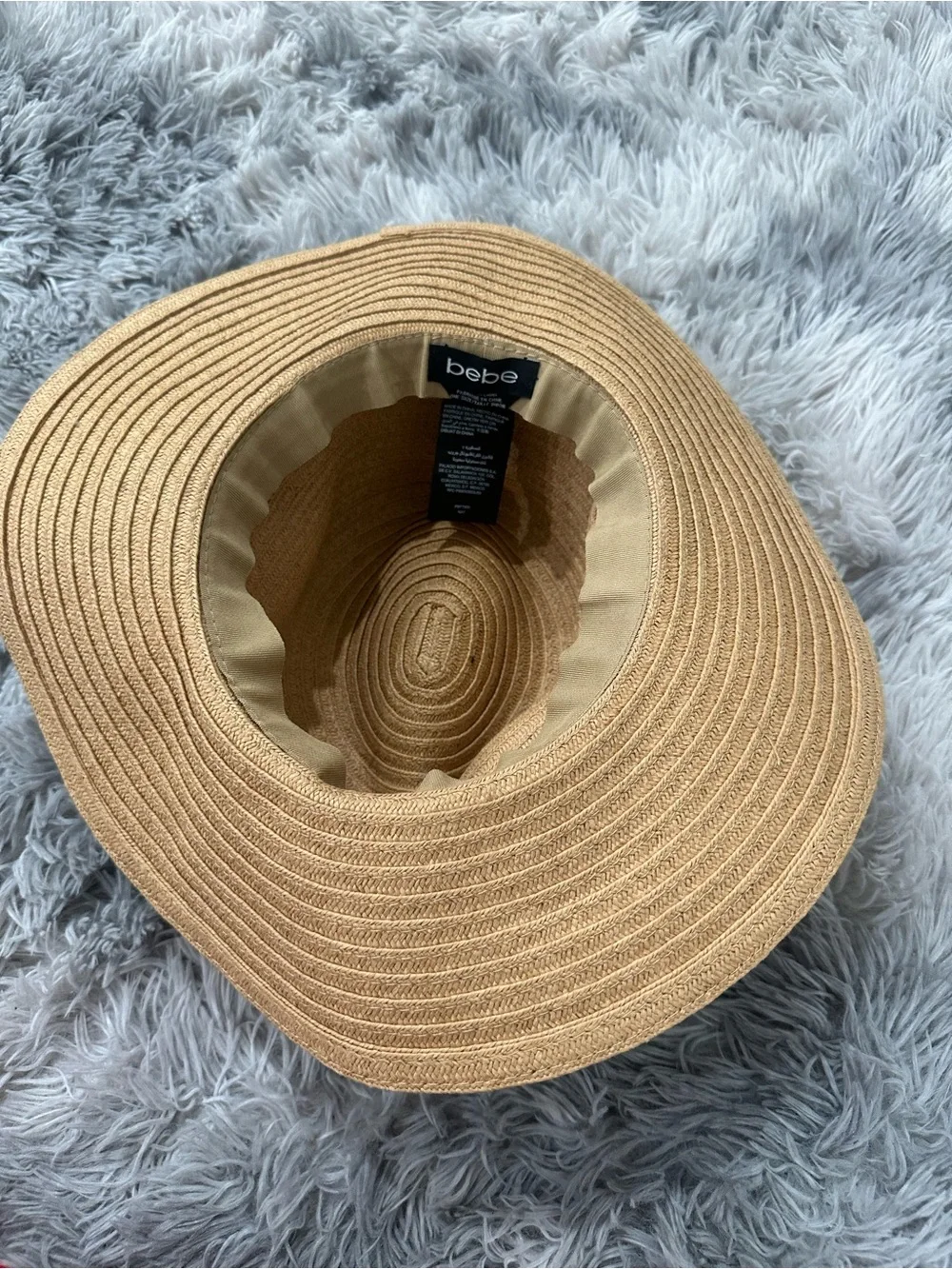 bebe Tan Straw Sun Hat with Black Ribbon and Gold Logo